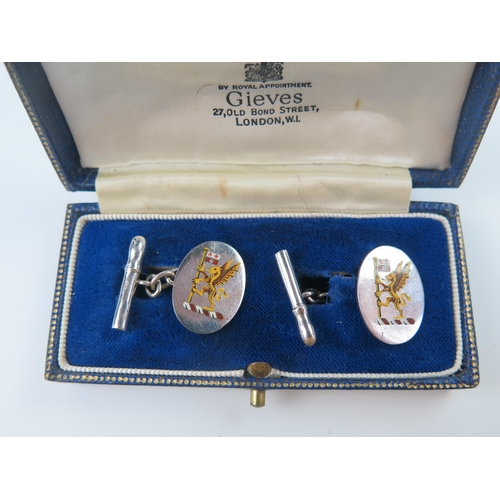 339 - Cased Pair of Silver and Enamel  Cufflinks decorated with dragons holding a flag, 8.9g and in a Giev... 