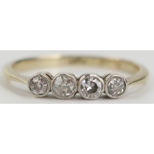 35 - 18ct Gold and Diamond Four Stone Ring millegrain set with old cuts, c. 2.5mm, size H.5, 1.4g