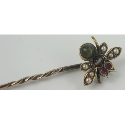 374 - Antique Gold Bee Stick Pin set with banded agate, pearls and rubies, cased