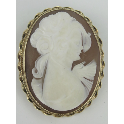 380 - 9ct Gold Shell Cameo Brooch decorated with the bust of a lady, 11.6g