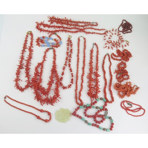 383 - Coral Necklaces, one with carved jadeite pendant and turquoise beads