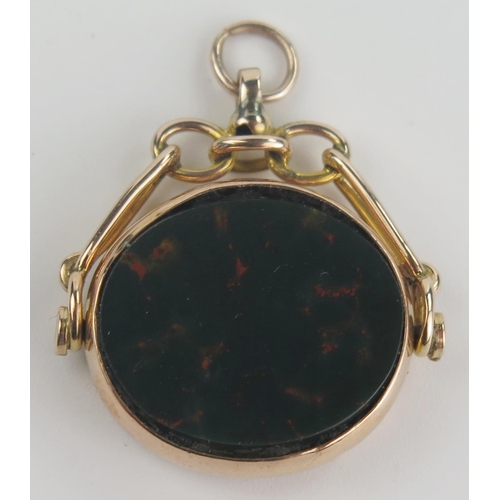 386 - Antique 9ct Gold Bloodstone and Agate Swivel Fob, Chester 1920, 7.2g