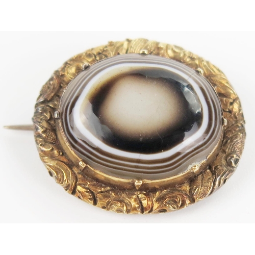 4 - Georgian Gold and Banded Agate Oval Brooch, 22x20mm, 4.6g