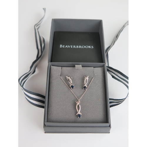 414a - Beaverbrooks 9ct White Gold, Sapphire and Diamond Necklace and Earring Set, 17mm drop, boxed, 3.8g