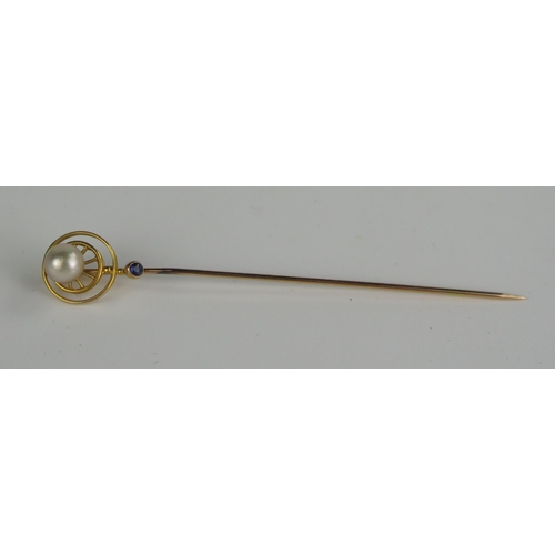 416a - Antique 15ct Gold, Sapphire and Pearl Stick Pin, boxed, 1.2g