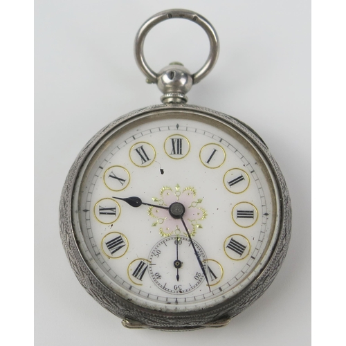 428 - Ladies Silver Cased Open Dial Pocket Watch, 39mm case with key wound movement, not running