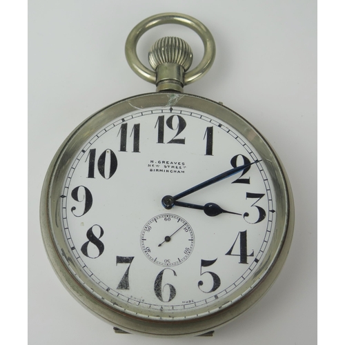 436 - Goliath Open Dial Pocket Watch, the 130mm case with enamel dial and retailed by H. Greaves of Birmin... 