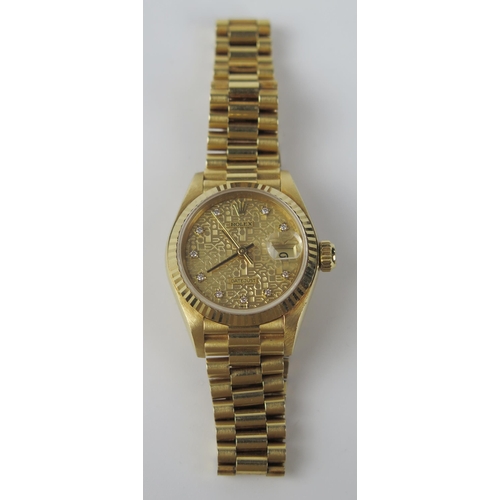 445 - Ladies ROLEX President 18ct Gold Wristwatch with 18ct gold president bracelet and diamond dot dial, ... 