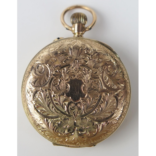 458 - Antique 9ct Gold Ladies Fob Watch with chased foliate decoration, 36mm case, keyless movement, runni... 