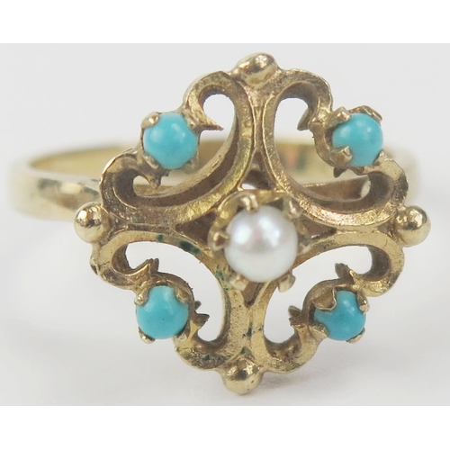 57 - 9ct Gold, Turquoise and Pearl Ring, 15mm diam. head, size N.75, 3g