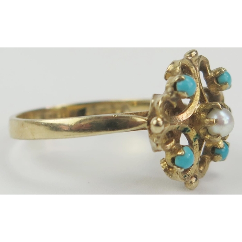 57 - 9ct Gold, Turquoise and Pearl Ring, 15mm diam. head, size N.75, 3g