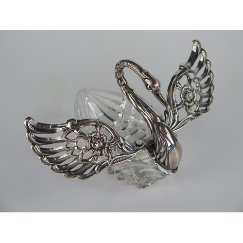 578 - Large Silver and Cut Crystal Swan Salt with articulated wings, 11cm long, London 1967 import marks