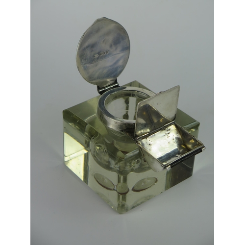 589 - Silver Mounted Glass Inkwell with stamp dispenser, 9cm sq., Birmingham 1908, A.W