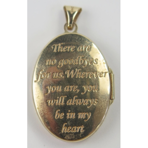 61 - 9ct Gold Locket with sentimental engraved message, 33mm drop, 2.9g