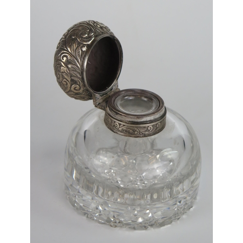 615 - Victorian Silver Mounted Glass Inkwell with embossed and chased foliate decoration, Birmingham 1891,... 