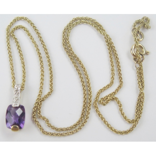 63 - 9ct Gold, Amethyst and Diamond Pendant (16mm drop) and on a 17.25