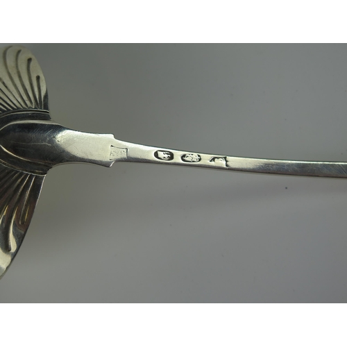 644 - Georgian Irish Silver Soup Ladle with scalloped bowl, 35cm long, Dublin 1766?, JS?, 161g