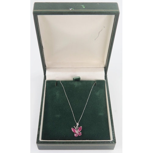 69 - 14ct White Gold and Ruby Butterfly Pendant on a fine 22