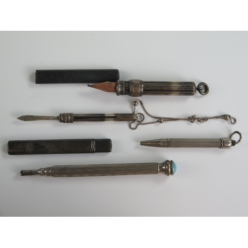 691 - Parkins & Gotto Silver Telescopic Fob Pencil, one other silver pencil, telescopic toothpick, etc.