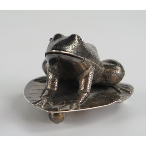 704 - Chinese Silver Frog on Lily Pad Salt, Canton Sing Fat, early 20th century, the base with screw fille... 