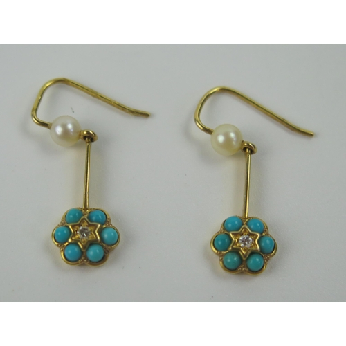 71 - Pair of 9ct, Turquoise and Pearl Pendant Earrings, c. 25mm drop, 1.8g
