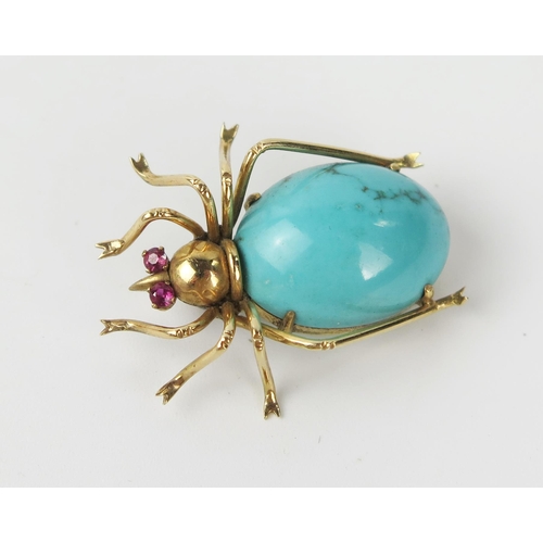 76c - Unmarked Gold Spider Brooch set with a turquoise body and ruby eyes, 31.5mm long, 5.7g