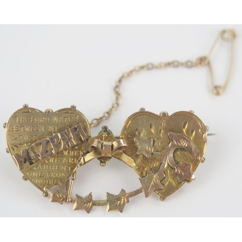 8 - Antique 9ct Gold MIZPAH Twin Heart Shaped Brooch, maker RP, 39mm wide, 3.2g