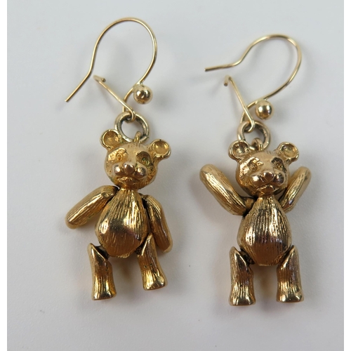 81 - Pair of 9ct Gold Teddy Bear Earrings with articulated arms and legs, c. 39mm drop, 12.3g
