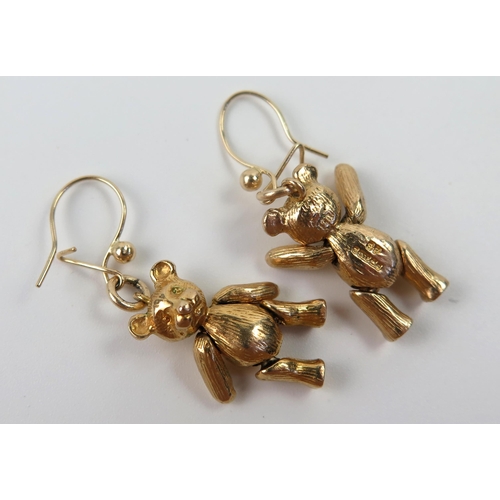 81 - Pair of 9ct Gold Teddy Bear Earrings with articulated arms and legs, c. 39mm drop, 12.3g