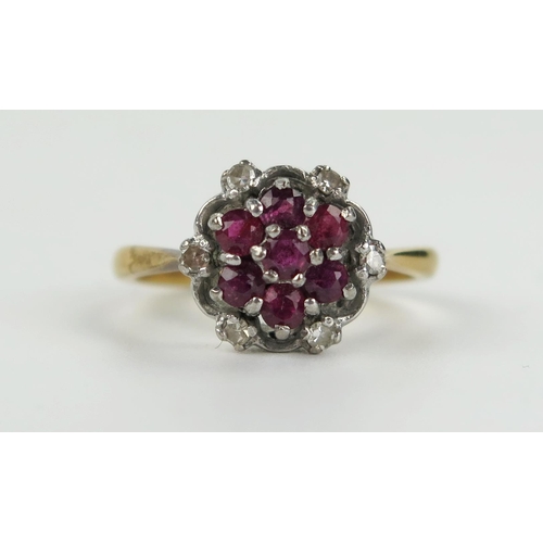 86 - 18ct Gold, Ruby and Diamond Cluster Ring, 12mm diam., size M.5, 4.4g
