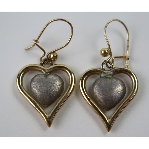 95 - 9ct Gold Heart Shaped Two Tone Pendant Earrings, 32mm