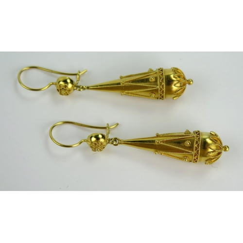 141 - Pair of 15ct Gold Pendant Earrings, 55mm drop, 5.5g
