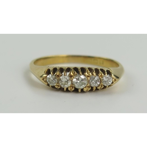 142 - Antique 18ct Gold and Diamond Five Stone Ring, central stone c. 3mm, 15mm head, size ).5, 3.8g, Birm... 
