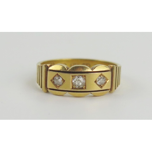 143 - Victorian 18ct Gold and Diamond Three Stone Ring, central stone c. 2.7mm, size M, 4.2g, Birmingham 1... 