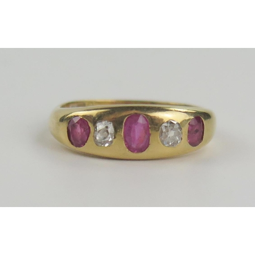 144 - Antique 18ct Gold, Ruby and Diamond Gypsy Ring, central stone c. 4.5x3mm, size N, 4.8g, Birmingham 1... 