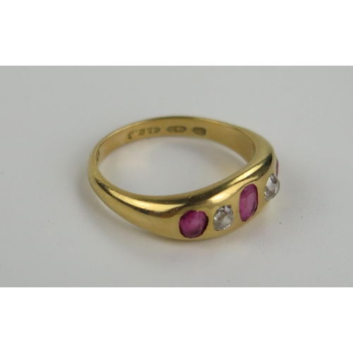 144 - Antique 18ct Gold, Ruby and Diamond Gypsy Ring, central stone c. 4.5x3mm, size N, 4.8g, Birmingham 1... 