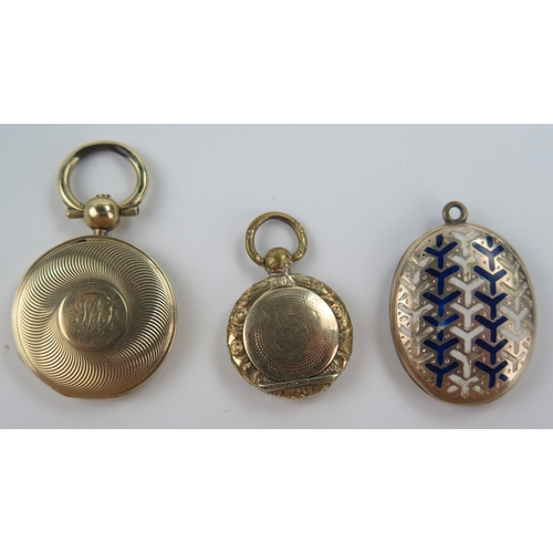 145 - Three 19th Century Gold Plated Memorial Fobs, largest 22mm diam. with hair, smaller with twin hinged... 