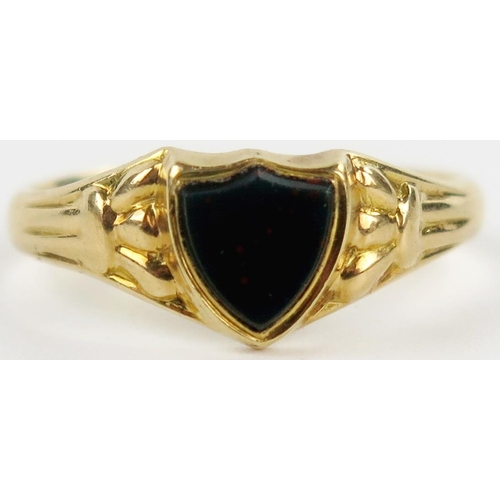 5 - Antique 18ct Gold Signet Ring set with a shield shaped bloodstone, size N, Chester 1913, 3.5g
