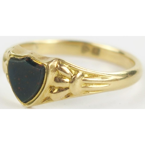 5 - Antique 18ct Gold Signet Ring set with a shield shaped bloodstone, size N, Chester 1913, 3.5g