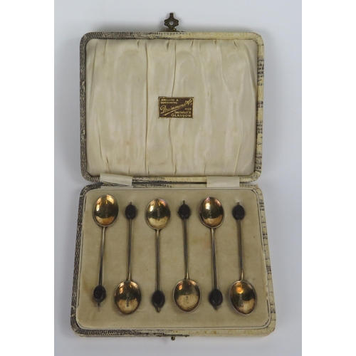 501 - Six Silver Coffee Bean Finial Spoons with multi colour guilloché enamel backs , cased, Birmingham 19... 