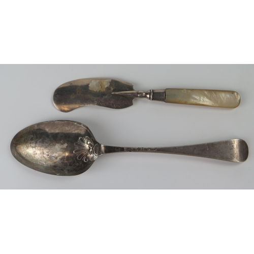 509 - A George II Shell Back Spoon (20cm, maker RH, other marks rubbed (43g) and butter knife (Birmingham ... 