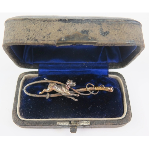 52 - Antique Gold Dog and Whip Brooch, unmarked 15ct, 59mm, 4.7g, boxed