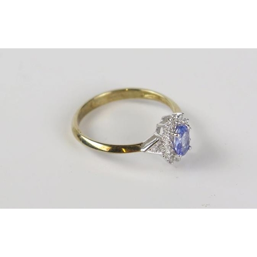 185 - 9ct Gold, Tanzanite and Diamond Cluster Ring, 10mm head, size M.5, 1.8g, boxed