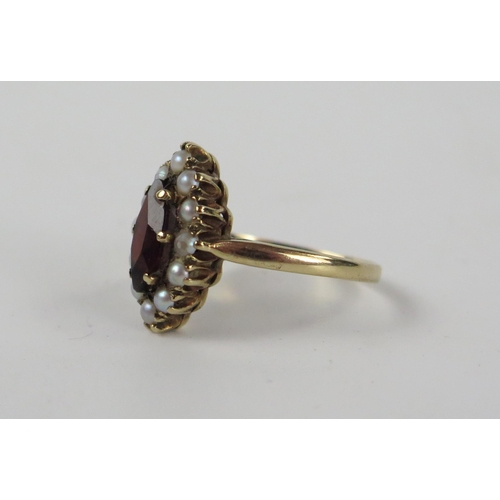 210A - 9ct Gold, Garnet and Pearl Marquise Ring, size M.5, 3.2g