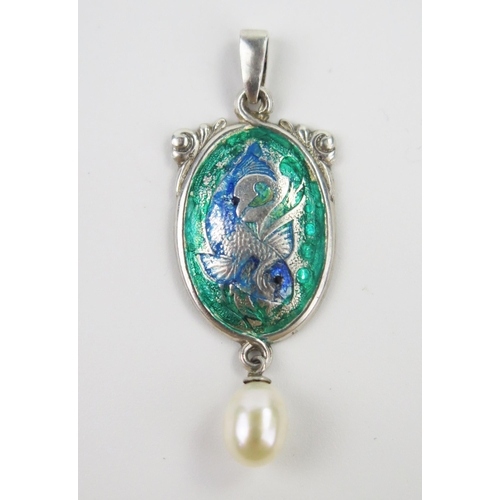 385 - Charles Horner, Enamel and Pearl Drop Pendant decorated with a carp, 42mm drop, 2.5g