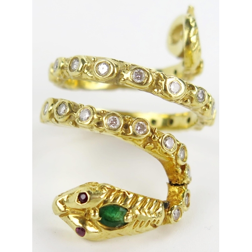 159A - Emerald and Diamond Snake Ring with ruby eyes with an unmarked 18ct gold setting, size P.5 -K.5, c. ... 