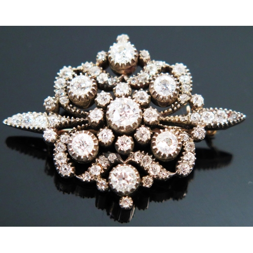 1 - Antique Diamond Brooch set with old cut stones and in an unmarked high carat rose gold and white met... 