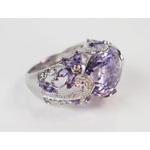 100 - Modern 14K White Gold, Amethyst and Diamond Dress Ring in ornate foliate setting, size P, 10.4g