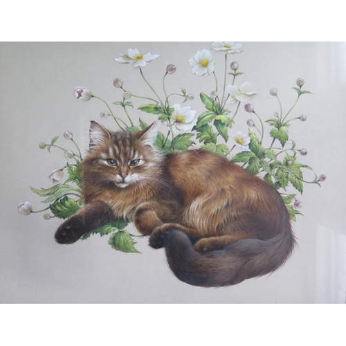 1025A - Lesley Anne Ivory (b.1934) Prolific Painter of Cats, watercolour study of a cat amongst anemones, si... 