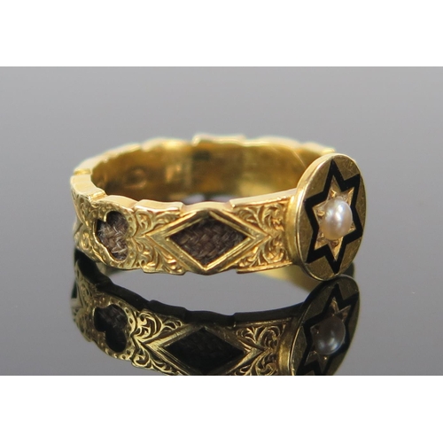 105 - Victorian 18ct Gold Memorial Ring with black enamel, pearl and woven hair decoration, engraved 